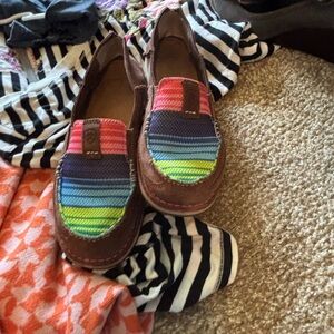Ariat Brown Slip-On Loafers with Multicolor Striped Canvas